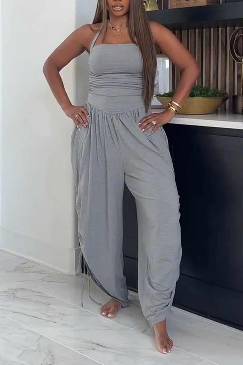 Women's Hanging Neck Splicing Solid Color Casual Jumpsuit