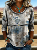 Women's Vintage Floral Print Casual Hollow-Out Denim Shirt