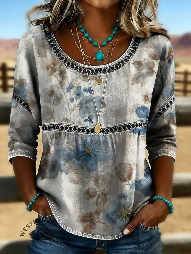 Women's Vintage Floral Print Casual Hollow-Out Denim Shirt