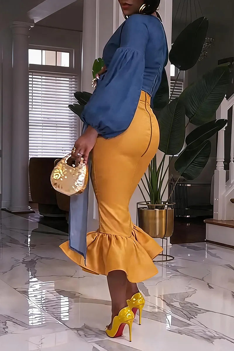 Women's Elegant Puff Sleeve Denim Top or Pencil Mermaid Skirt