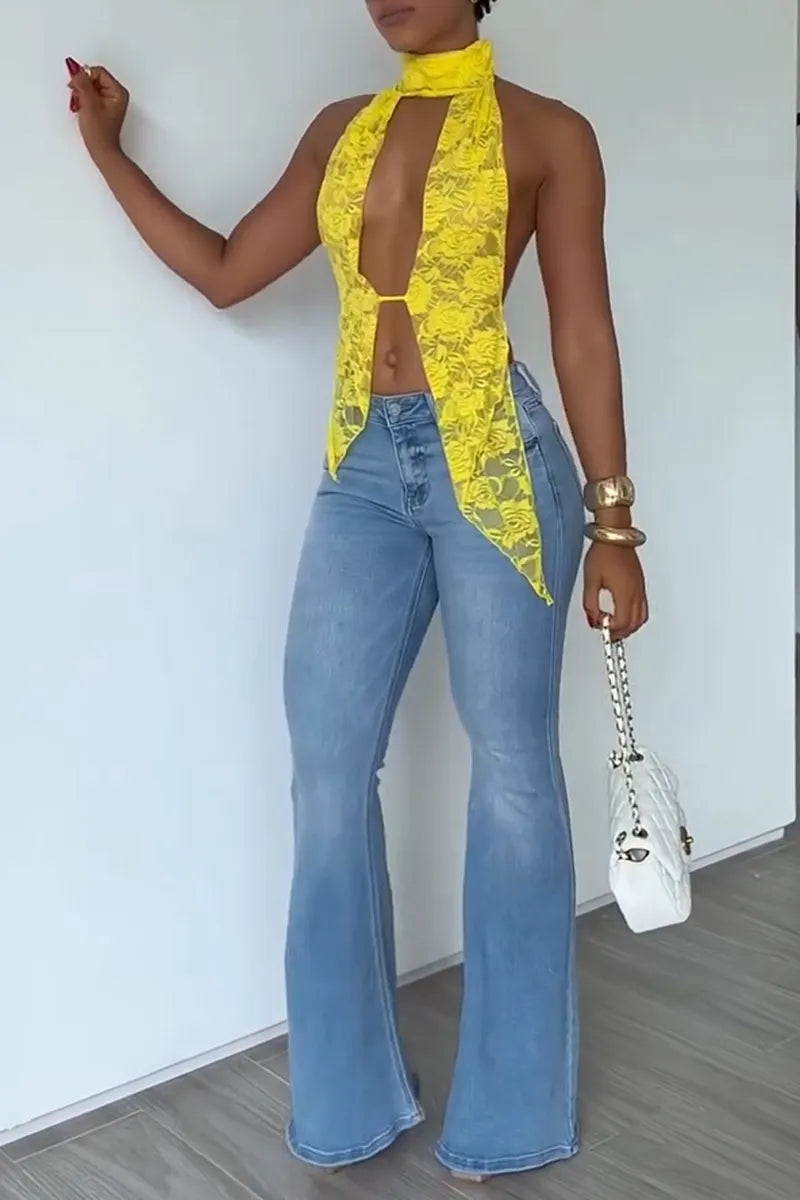 Women's Fashion Lace Backless Vest or Flare Jeans