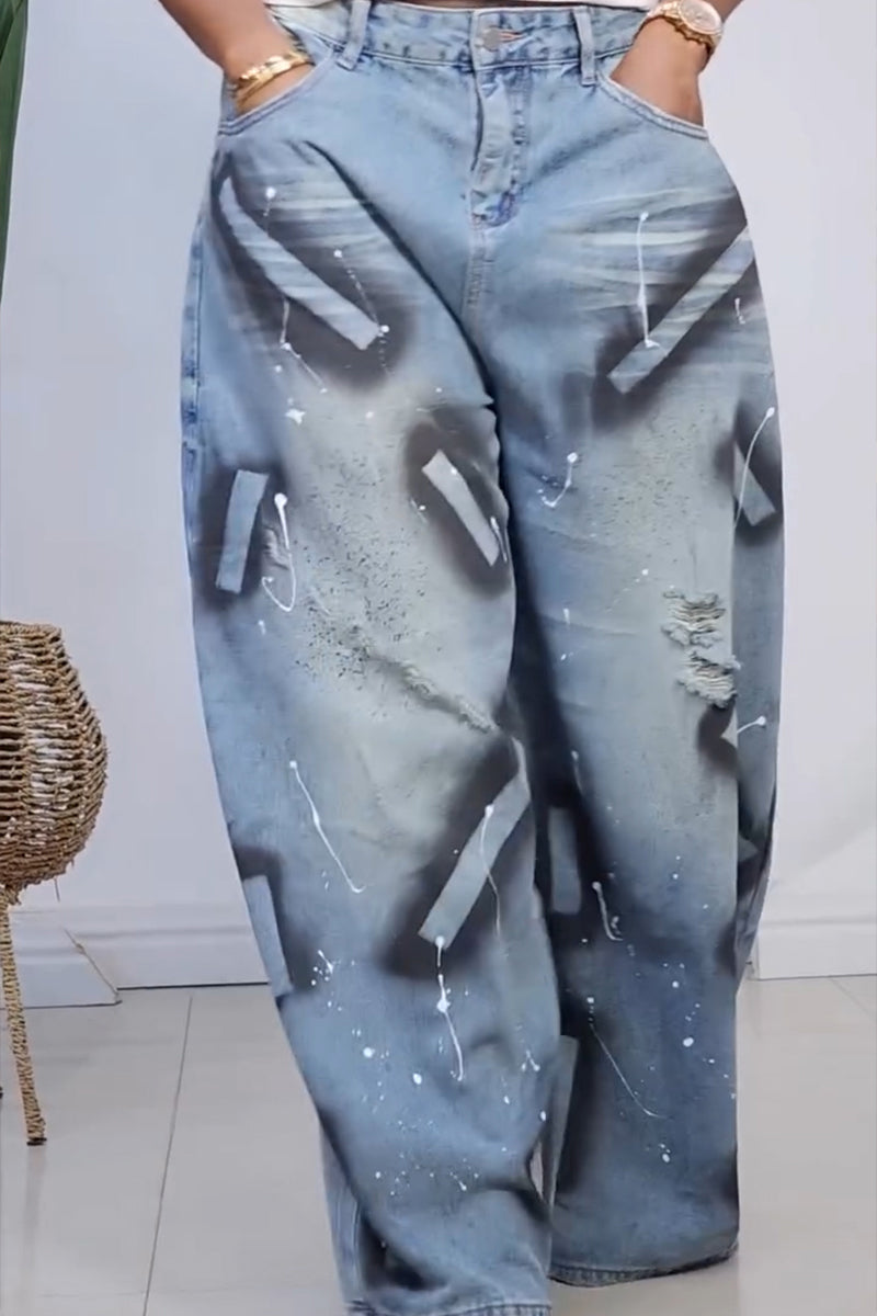 Women's Casual Wide Leg Pattern Decoration Wide Leg Jeans