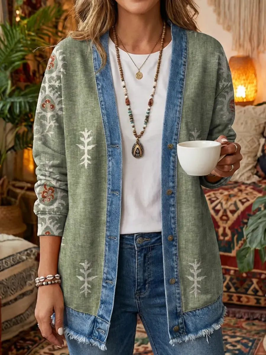 Women's Retro Ethnic Totem Art Print Casual Cotton Denim Patchwork Jacket