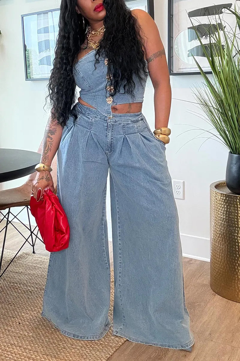 Women's Casual Button Trim Asymmetric Denim Bustier or Jeans