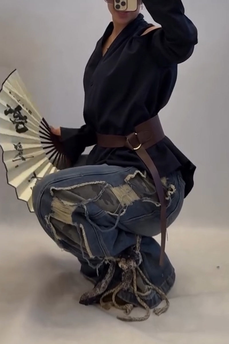 Women's Street Style Side Camo Patchwork Wide Leg Jeans