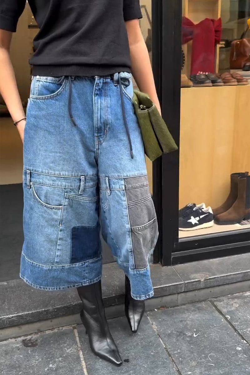 Women's Fashion Contrast Patchwork Wide Leg Cropped Jeans
