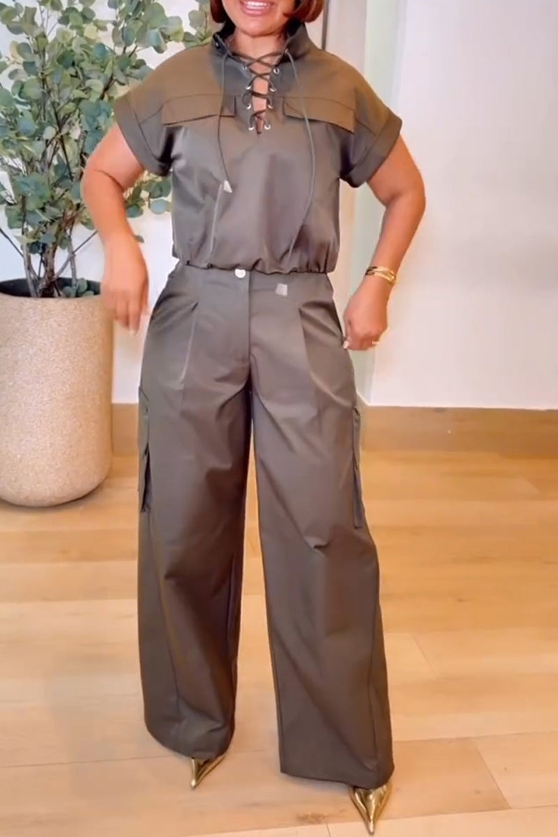 Women's Casual Lace-Up Top Cargo Pants Two-Piece Set