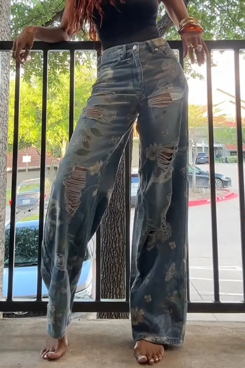 Women Printed Ripped Water Washed Casual Wide Leg Jeans