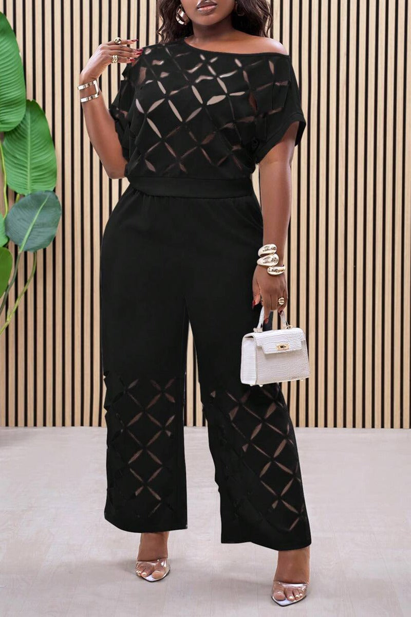 Women's Casual Burnout Pattern Cut-Out Top Pants Two-Piece Set