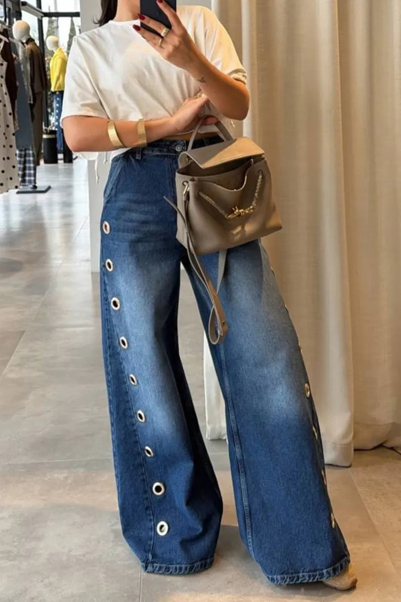 Women's Fashion Metal Cutout Trim Wide Leg Jeans