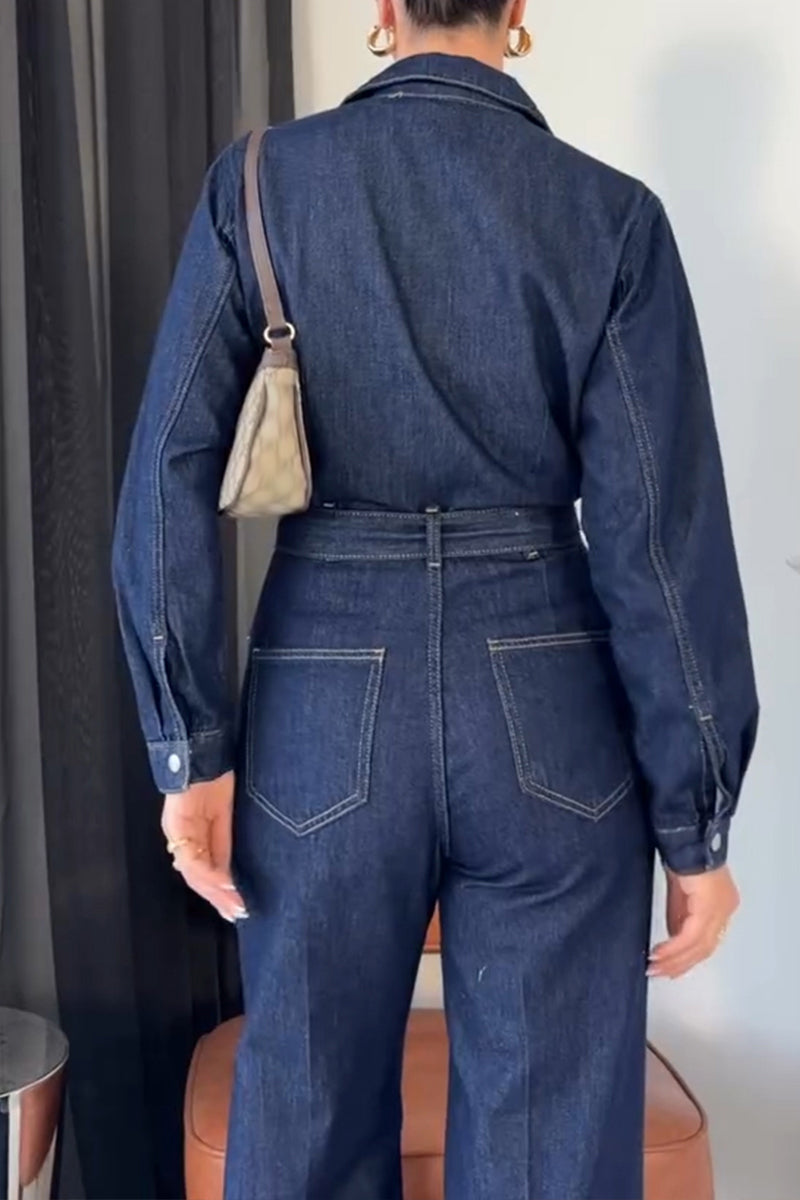 Women's Casual Versatile Long Sleeve Denim Jumpsuit with Belt