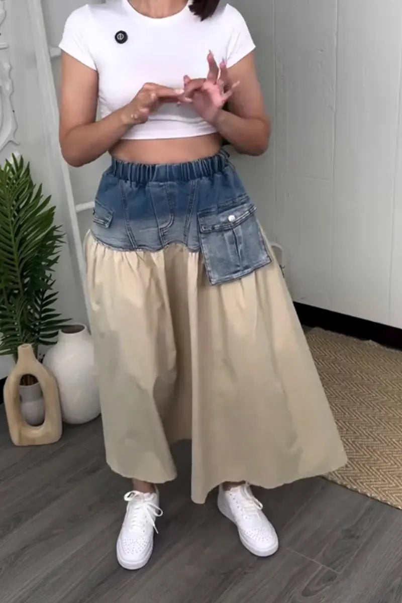 Ladies' Leisure Hot Selling Street Patchwork Pocket Denim Long Skirt
