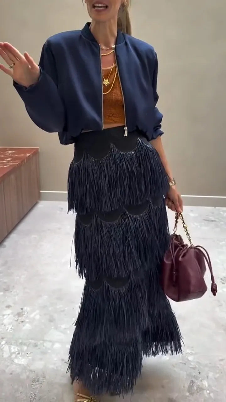 Women Round Neck Jacket + Patchwork Tassel Skirt