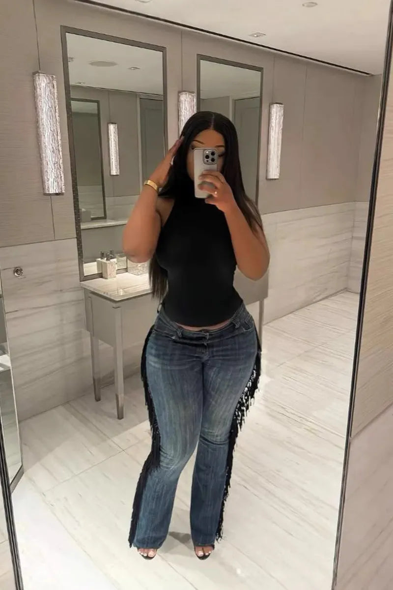 Women's Vintage Fringe Side High-Waist Jeans