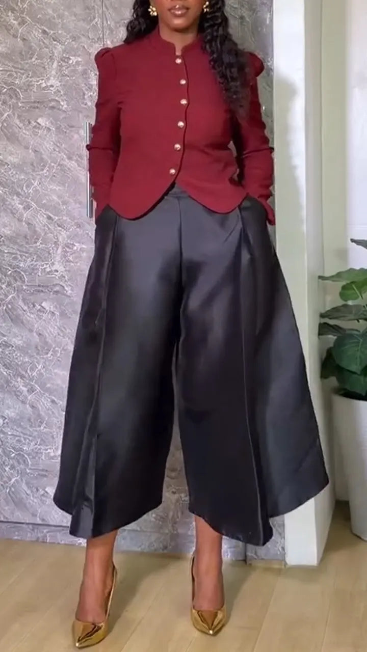 Women Round Neck Breasted Jacket + Satin Wide Leg Pants