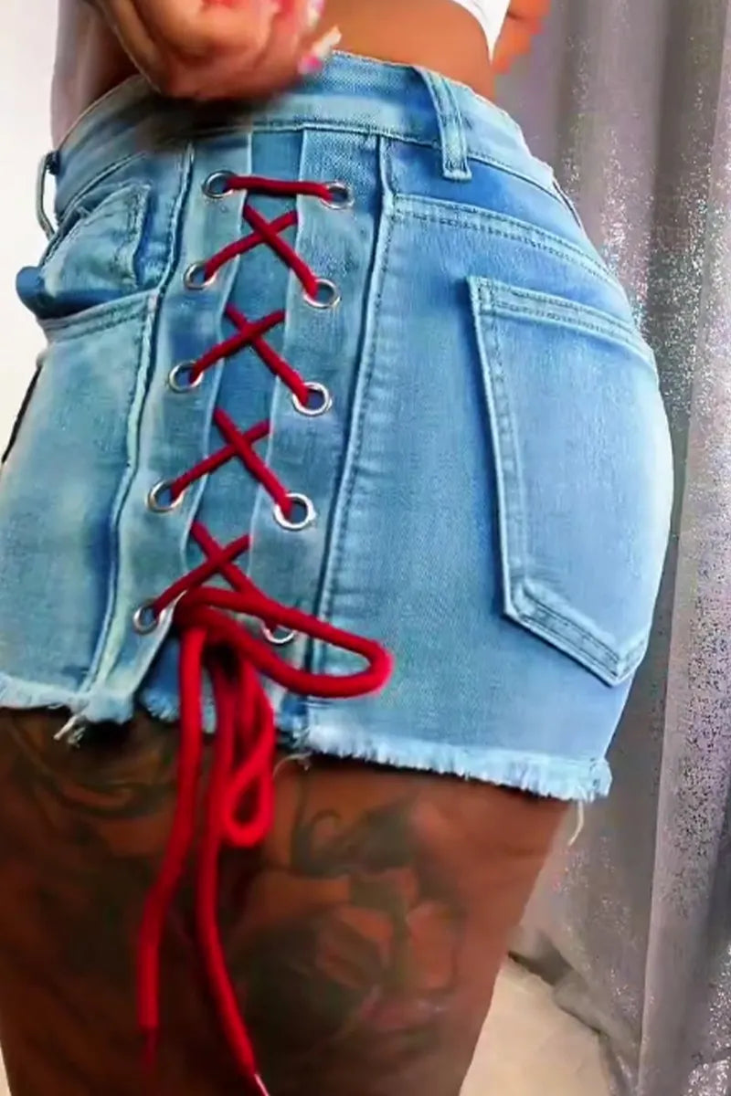 Women's Street Style Printed Lace Up Cutout Denim Shorts