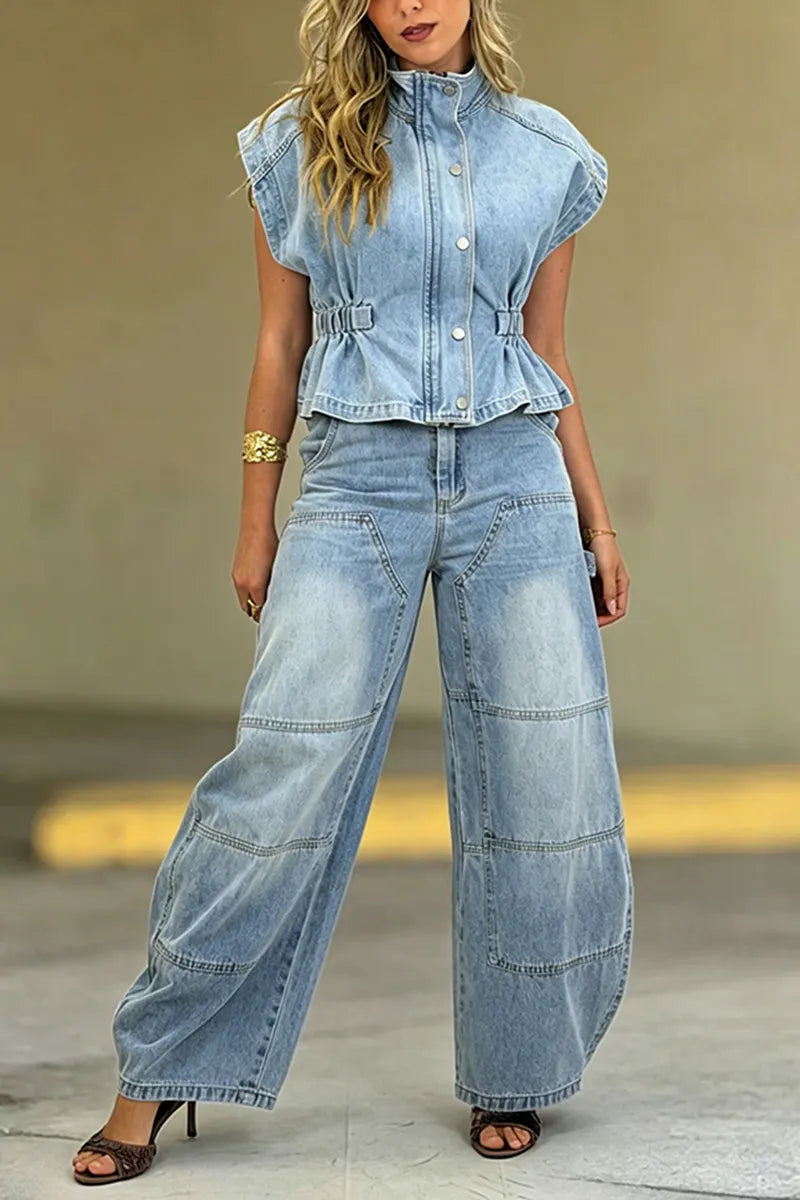 Women's Casual Wide Shoulder Denim Vest or Barrel Jeans