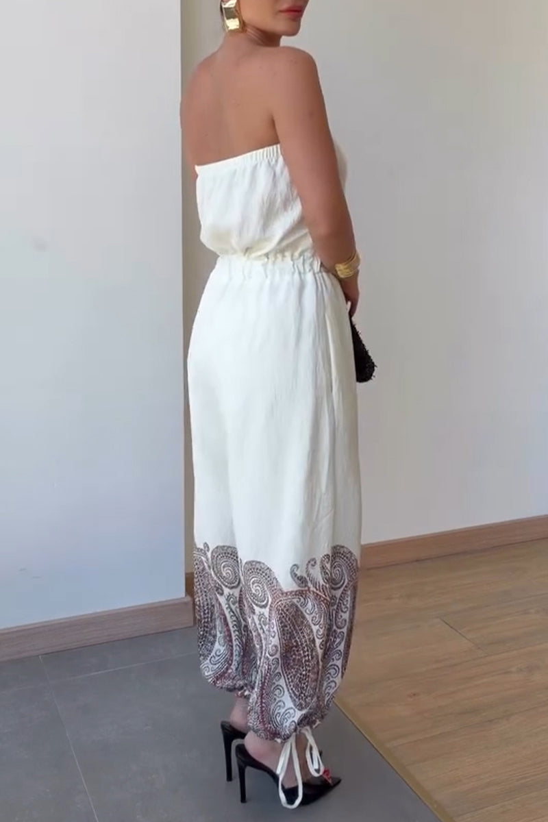 Women's Casual Strapless Elastic Cuff Pattern Print Jumpsuit
