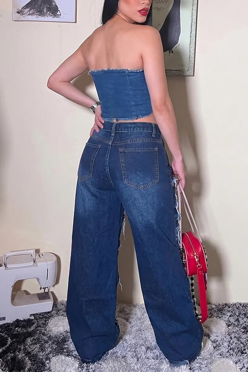 Women's Street Bustier or Ripped Panel Foil Print Jeans