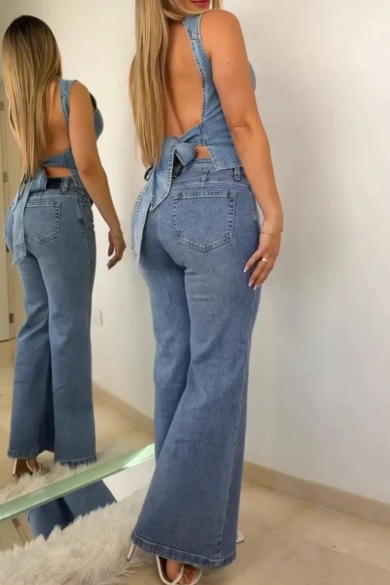 Women's Casual Open Back Design Tie Denim Vest & Jeans
