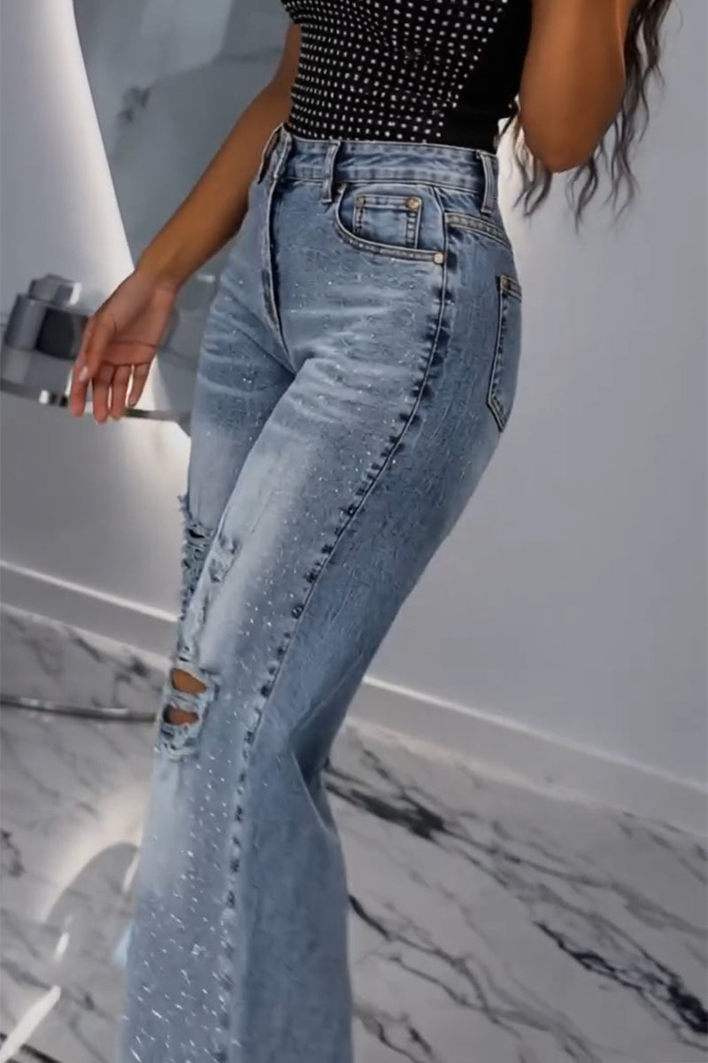 Women's Casual Rhinestone Vest or Washed Ripped Jeans