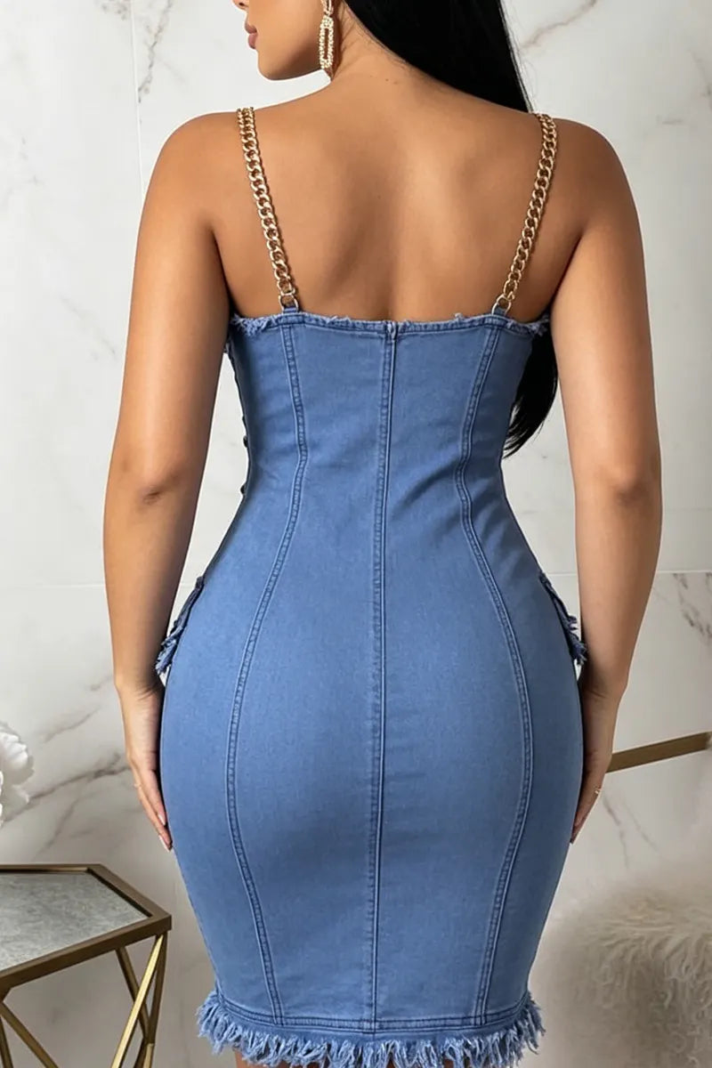 Women Light Blue Denim Chain Spaghetti Strap Frayed Hem Double Button Bodycon Mini Dress