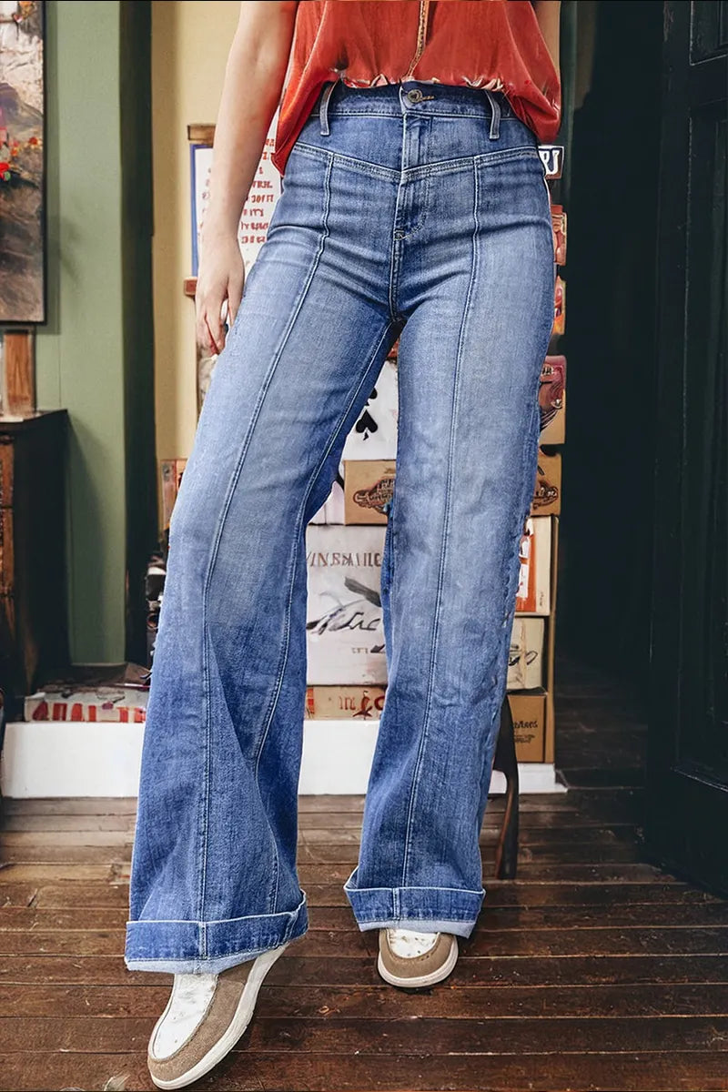 Ladies' Fashionable Casual Slim Fit Center Stitching Details Straight Tube Loose High Waisted Jeans
