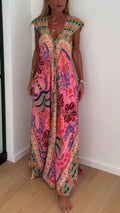 Womens V-neck Printed Loose Casual Dress
