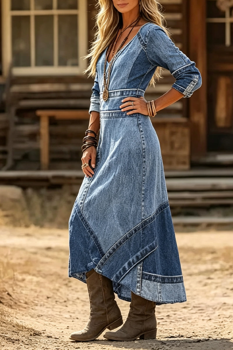 Women's V-neck Faux Denim Print Elegant Casual Dress