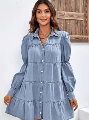 Sweet Puff Sleeve Ruffle Hem Denim Mini Dress