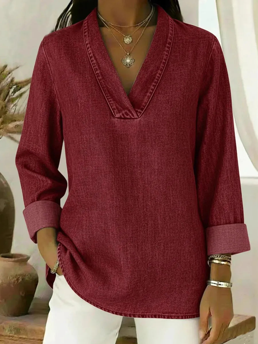 Solid Color Long Sleeves Loose V-Neck Blouses&Shirts Tops