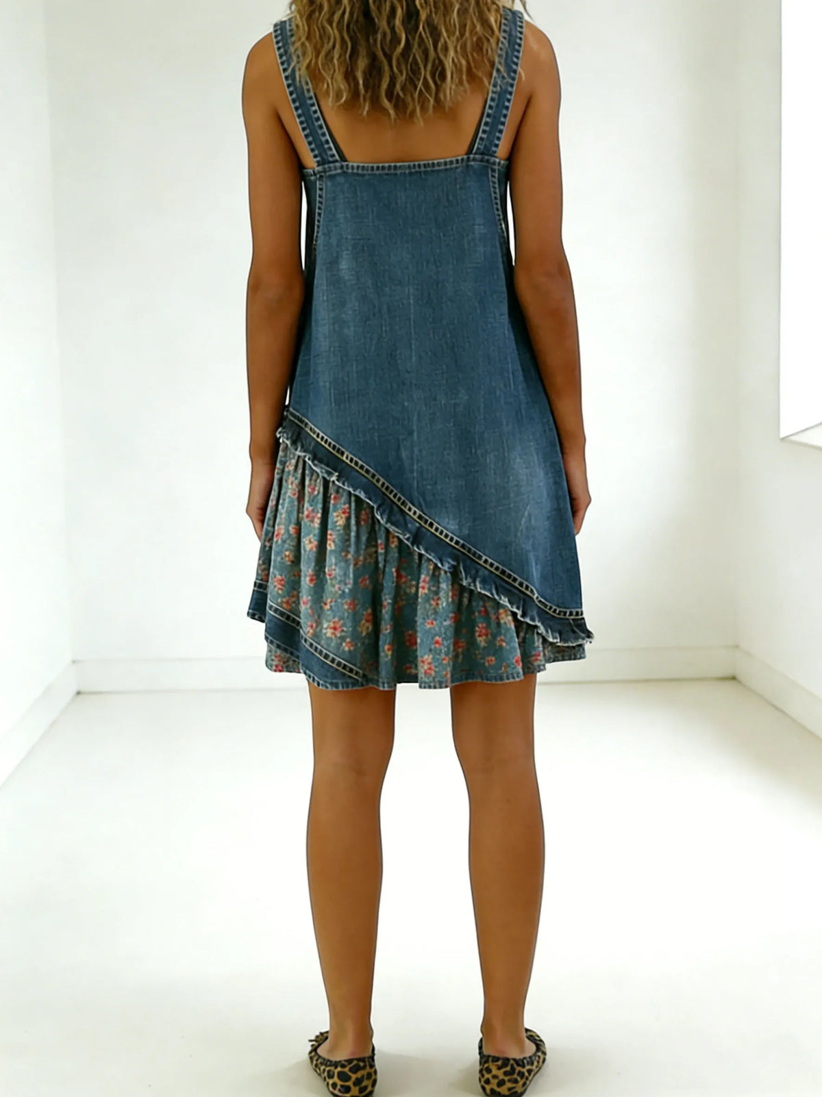 Women's Floral Denim Short Sleeveless Multi-layered Ruffled Strap Dress