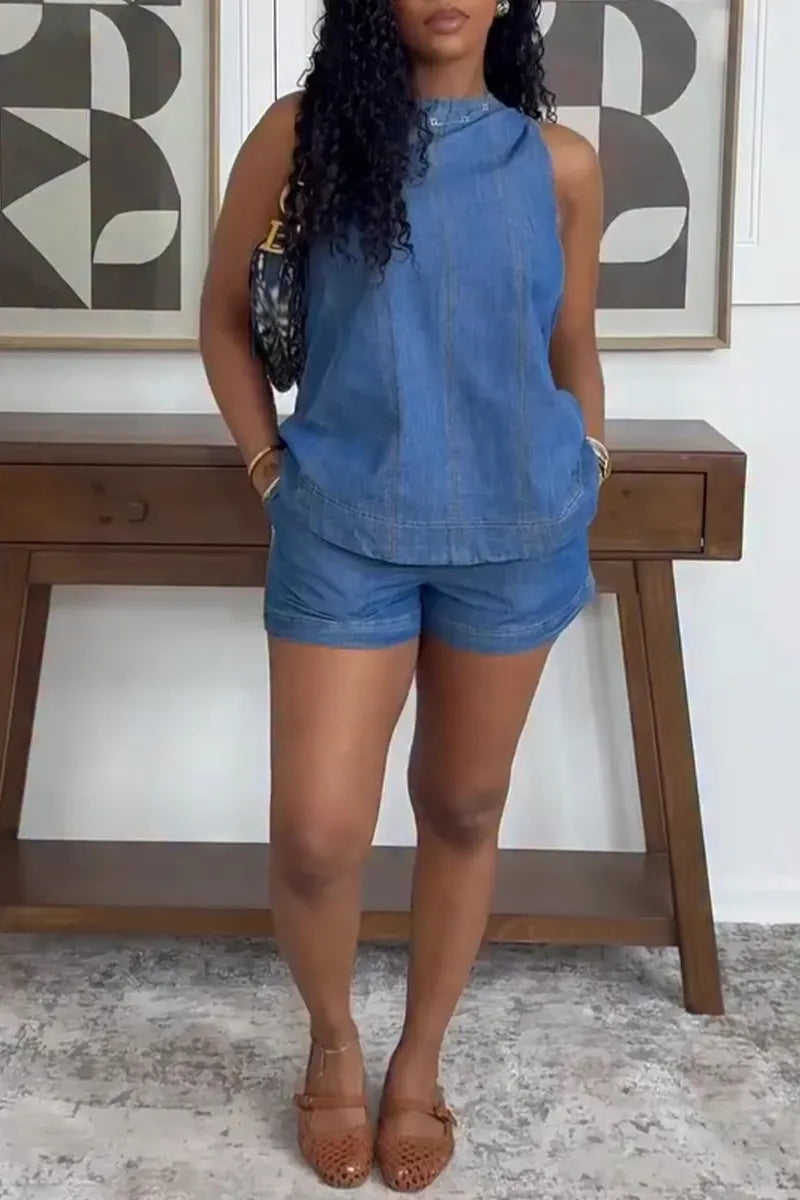 Women's Casual Crewneck Denim Vest Cropped Jeans Set