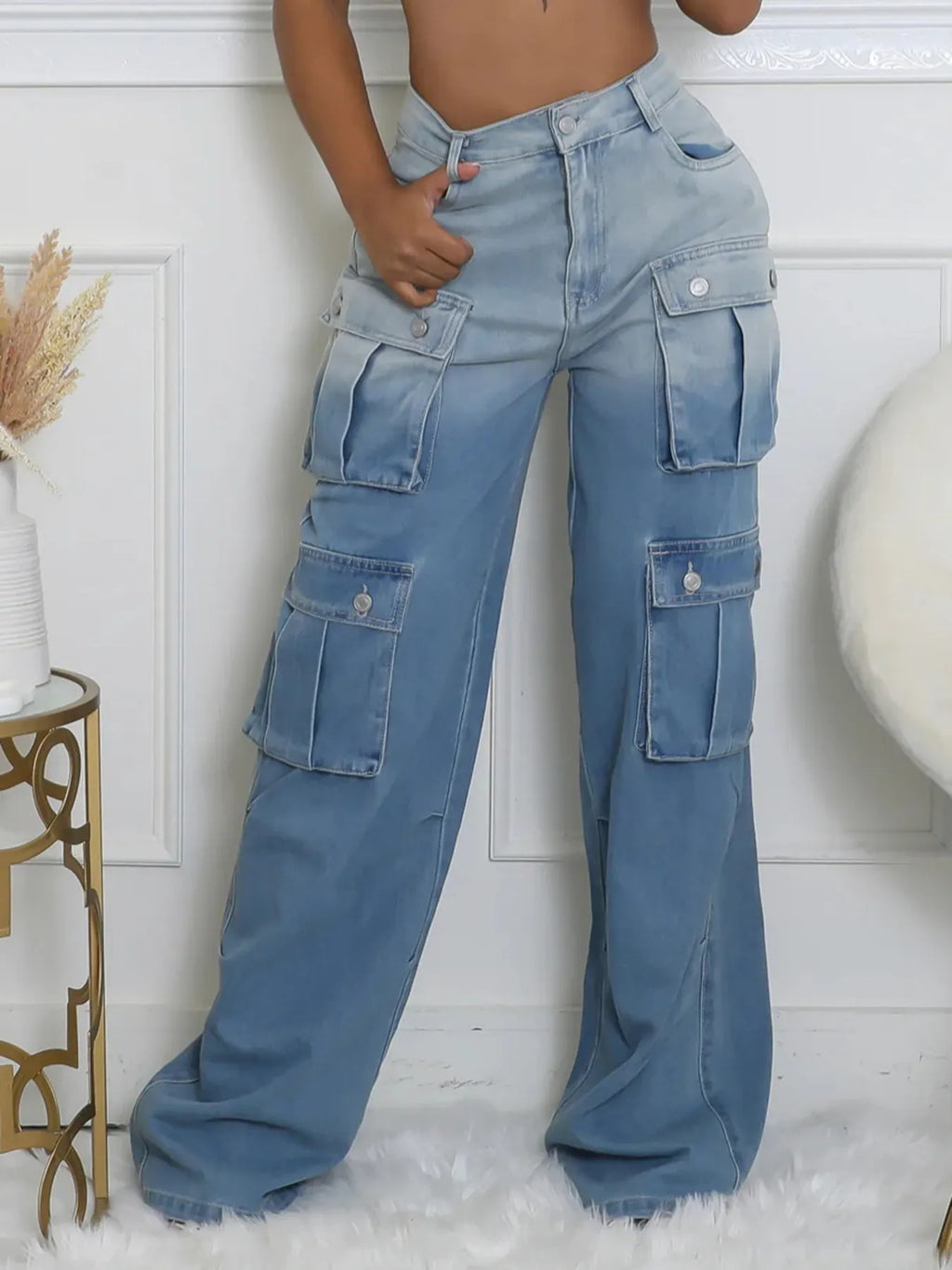 Women's Casual Multi Pocket Gradient Cargo Jeans