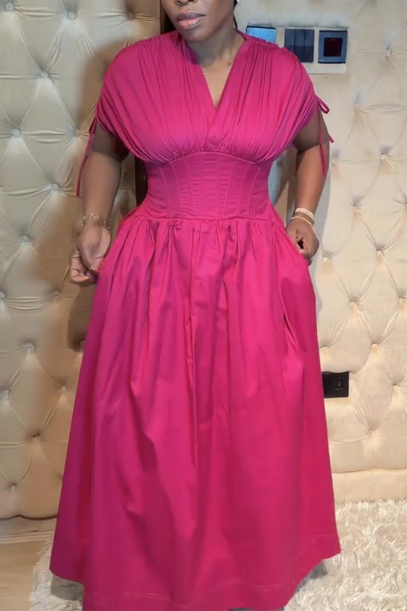 Women's V-neck Waist Cinched Solid Color Elegant Casual Dress