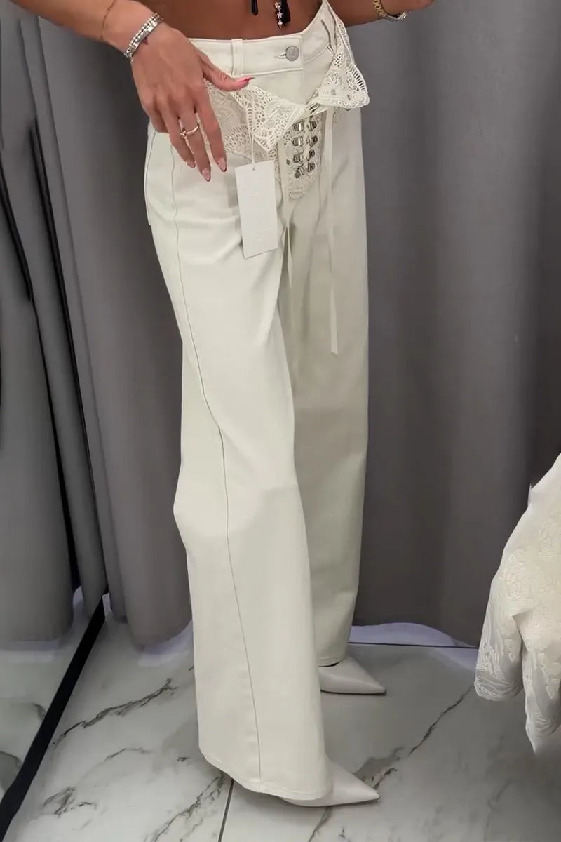 Women Patchwork Lace Patterned Casual Jeans