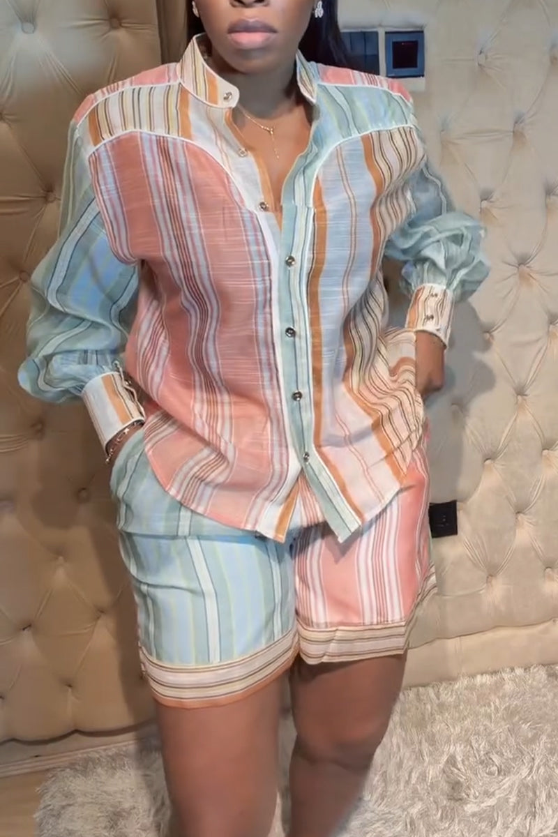Women's Round Neck Colorful Vertical Stripe Top+ Pants Casual Suit