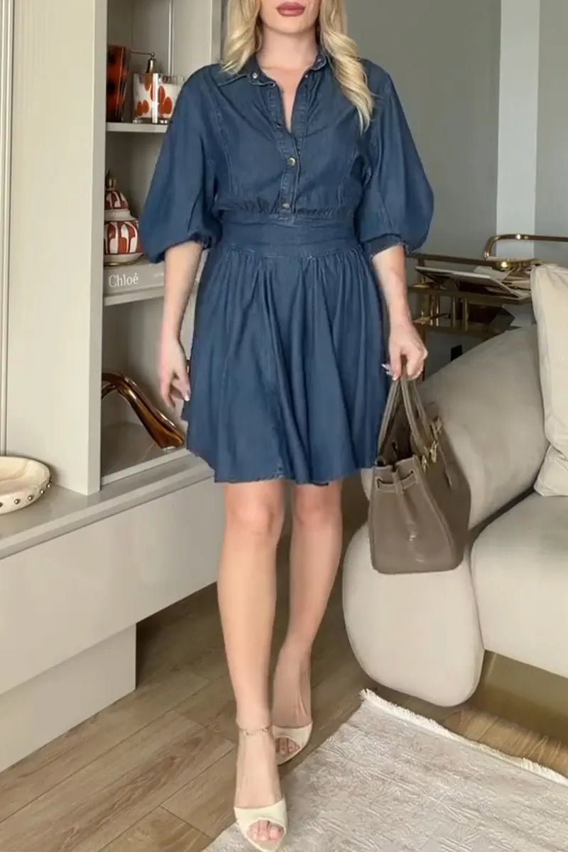 Women's Casual Puff Sleeve Waist Cinching Denim Mini Dress