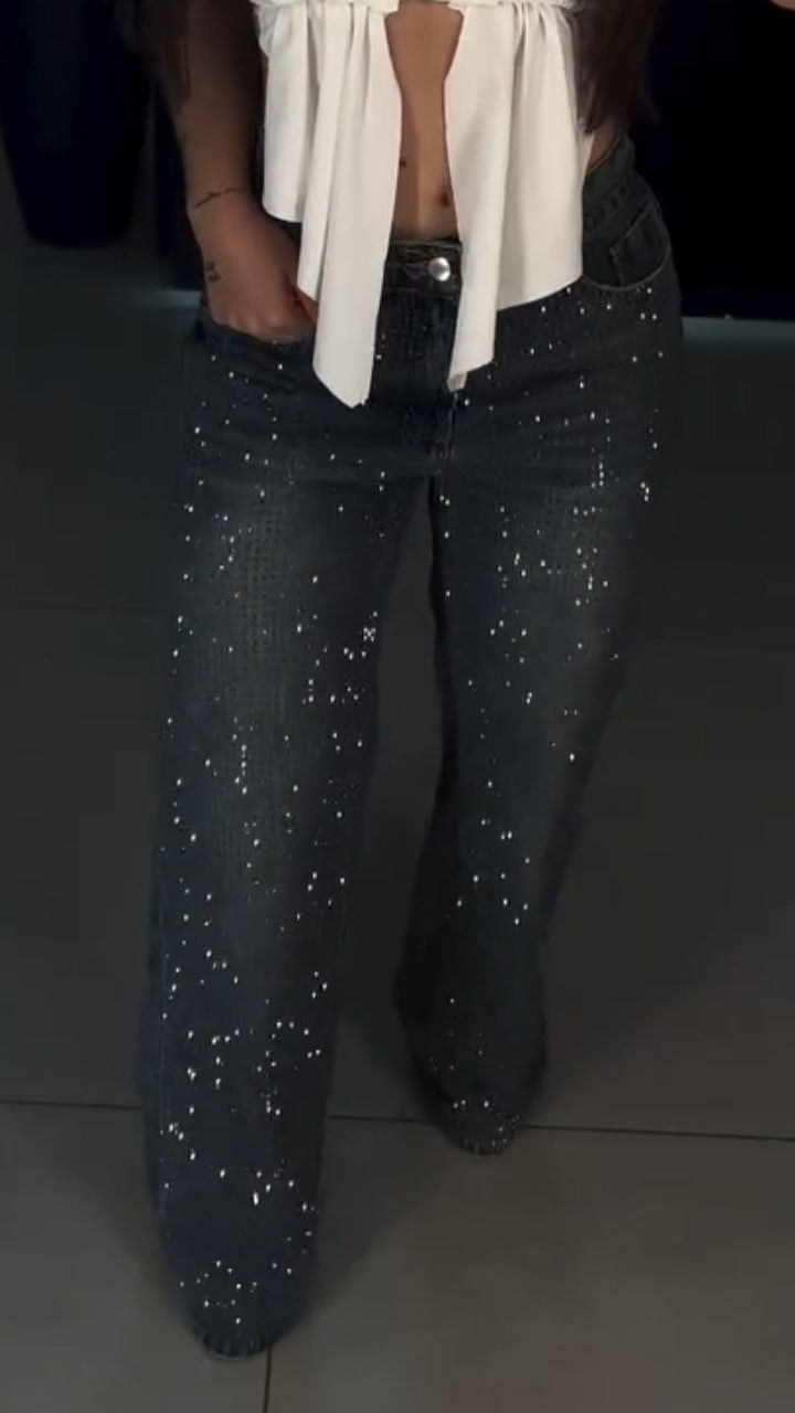 Womens Rhinestone Washed Casual Jeans