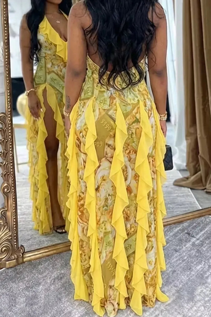 Women's Backless Printed Long Party Dress