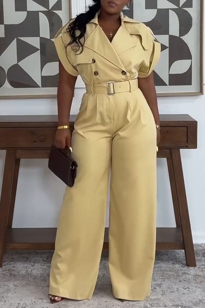 Women's Casual Commuter Lapel Double-Breasted Long Jumpsuit with Belt