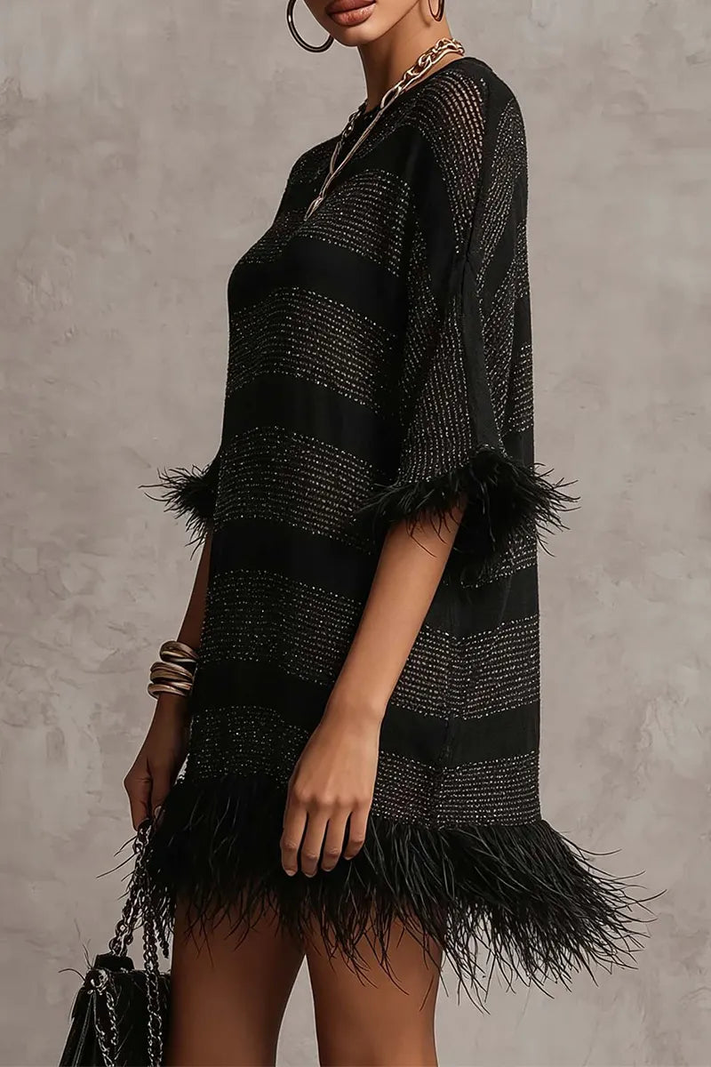Women's Round Neck Rhinestone Splicing Wool Strip Elegant Casual Dress