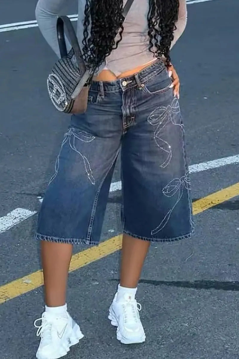 Women's High Waist Bow Embroidery Wide Leg Capri Denim Culottes