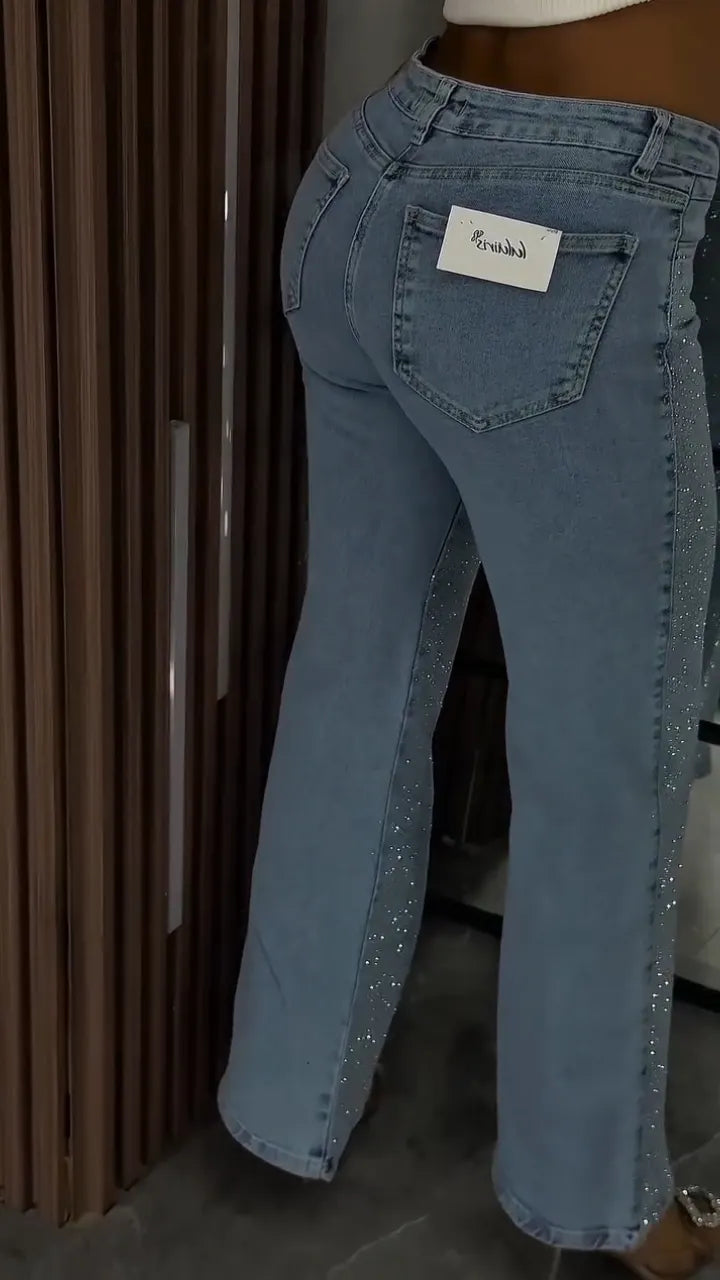 Women's Single-sided Rhinestone Casual Jeans
