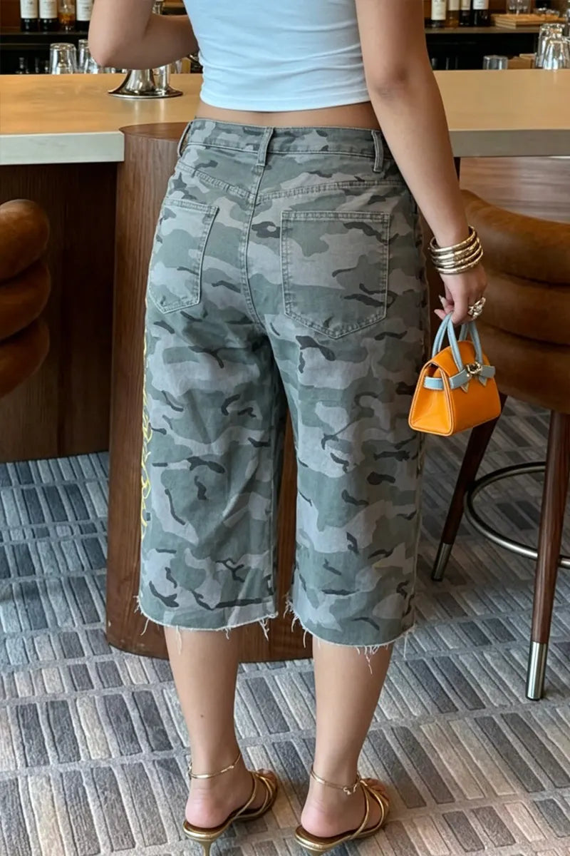 Women Grey Green Camo High Waist Side Yellow Script Letter Raw Hem Wide Leg Denim Capri