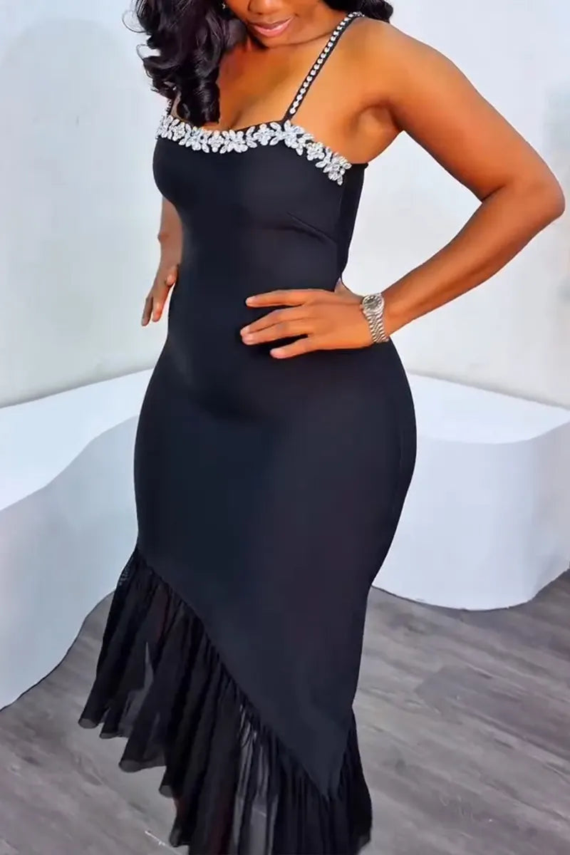 Women's Elegant Asymmetric Hem Rhinestone Cami Dress