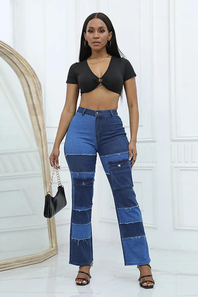 Designer Color Block Raw Hem Straight Leg Jeans