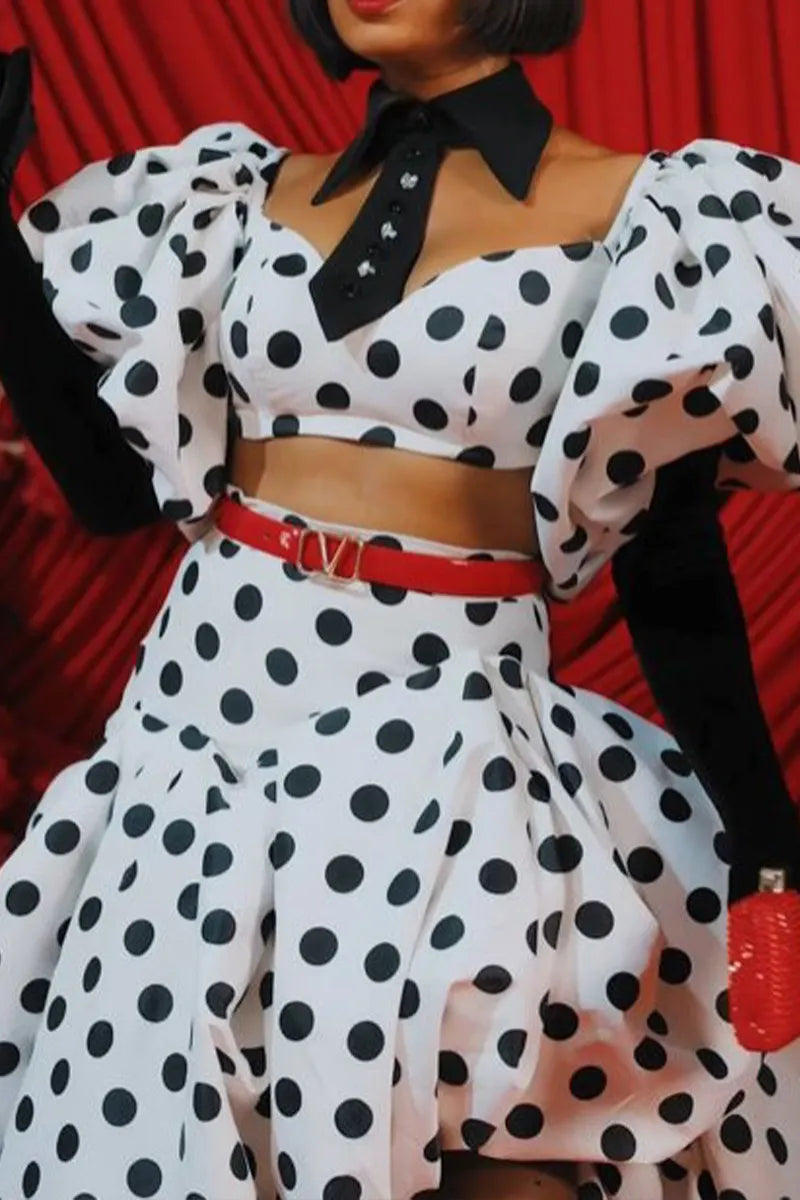 Women's Polka Puff Sleeve Crop Top & High-Waisted Maxi Skirt