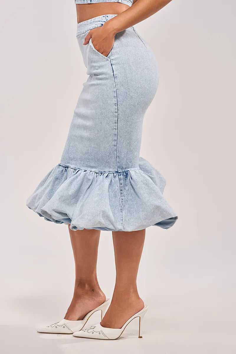 Women's Floral Strapless Cropped Denim Top Or Fitted Denim Mini Skirt With Ruffled Hem