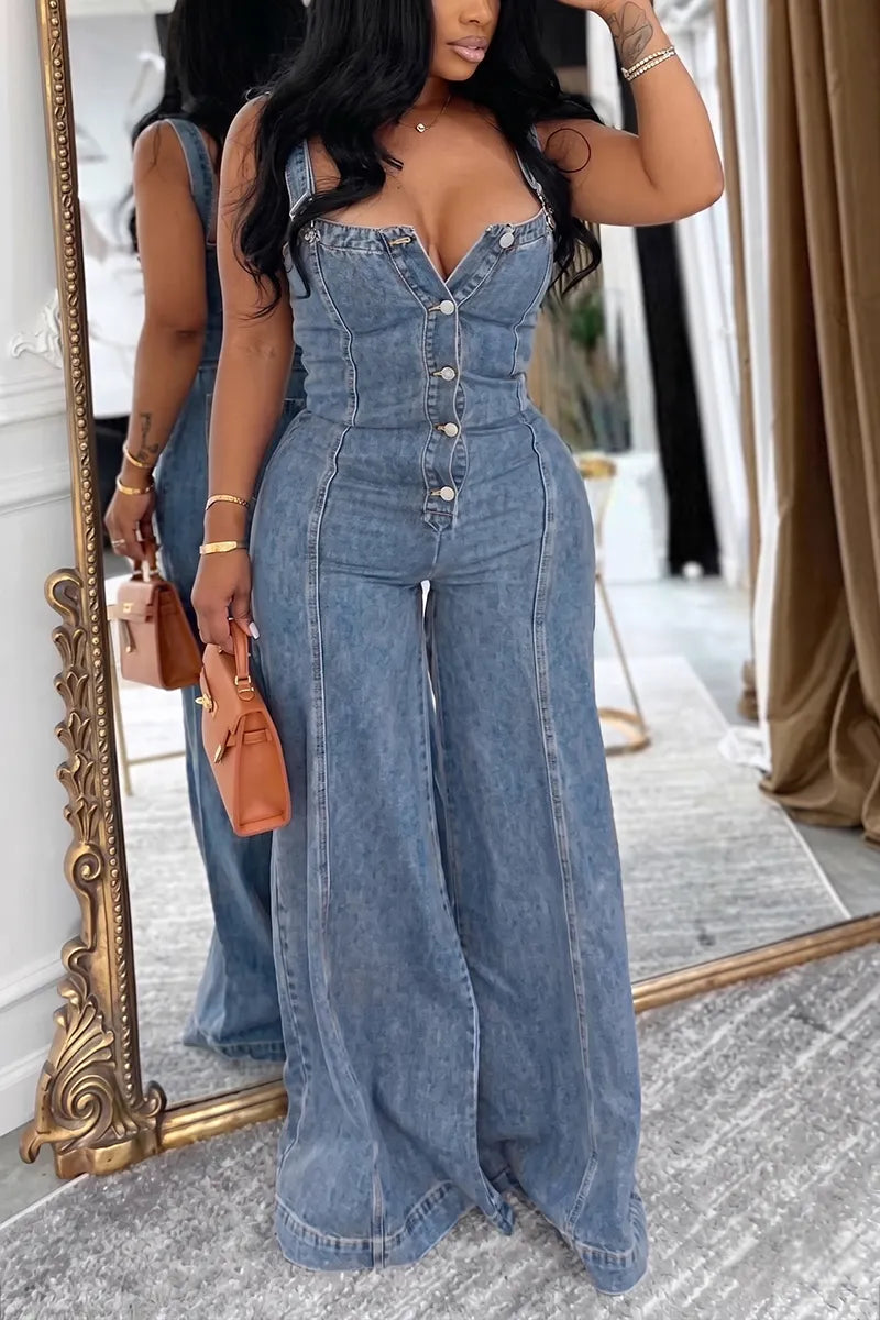 Women's Button-Front Denim Jumpsuit with Corset Top & Wide Leg Pants
